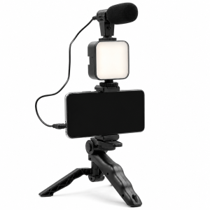 AY-49 Camera Video Recording Kit with Microphone, Mini Tripod, LED Light and Phone Holder Clip
