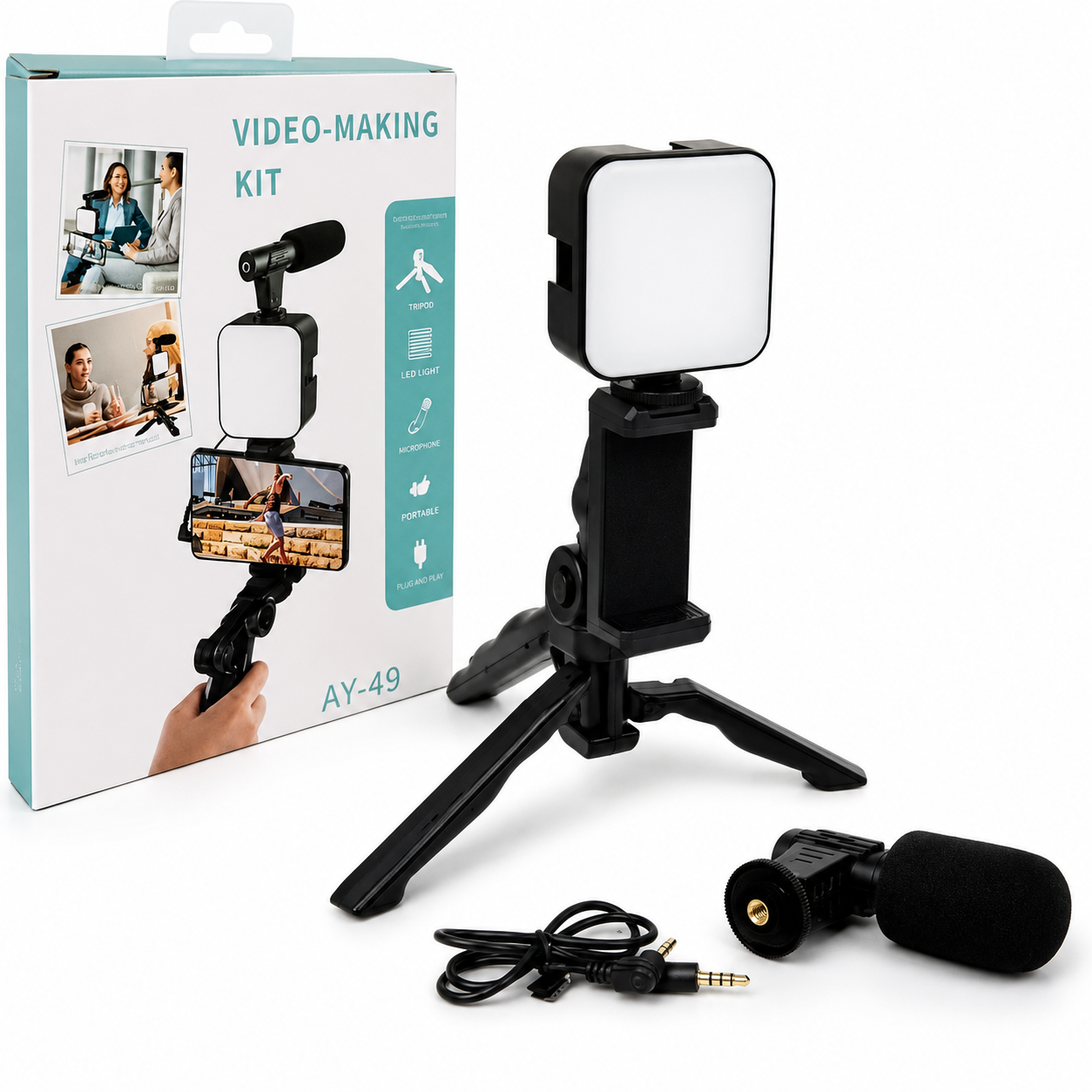 AY-49 Camera Video Recording Kit with Microphone, Mini Tripod, LED Light and Phone Holder Clip - الصورة 2